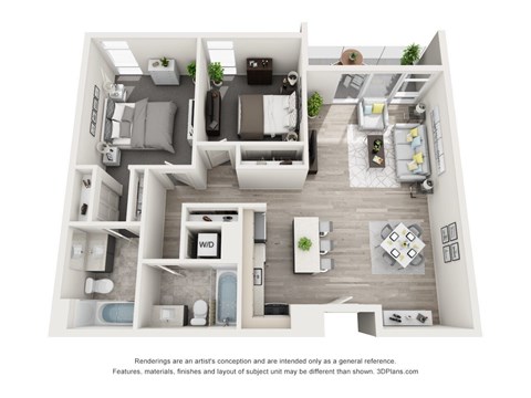 Floor plan for 2 beds, 2 baths, 1157 sqft